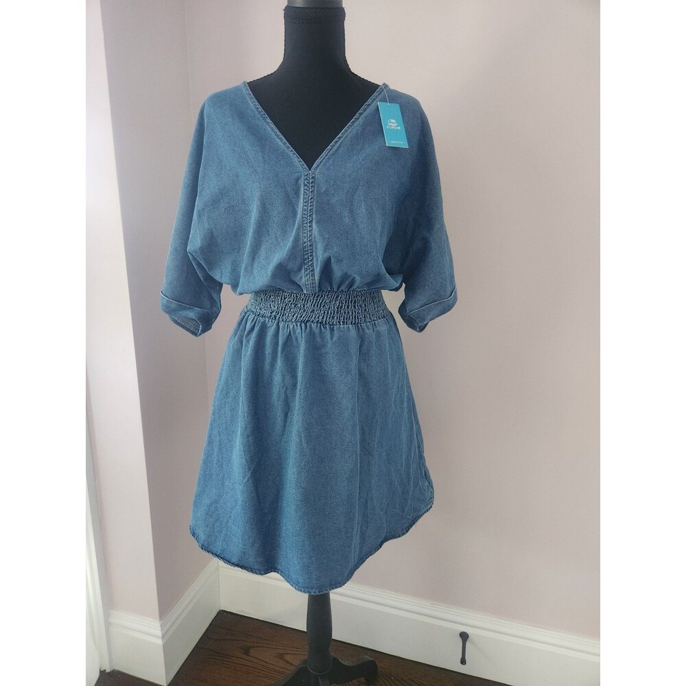 NWT CUPSHE Denim Mini Dress Women’s V Neck Smocked Waist Short Sleeve XL - Picture 4 of 12